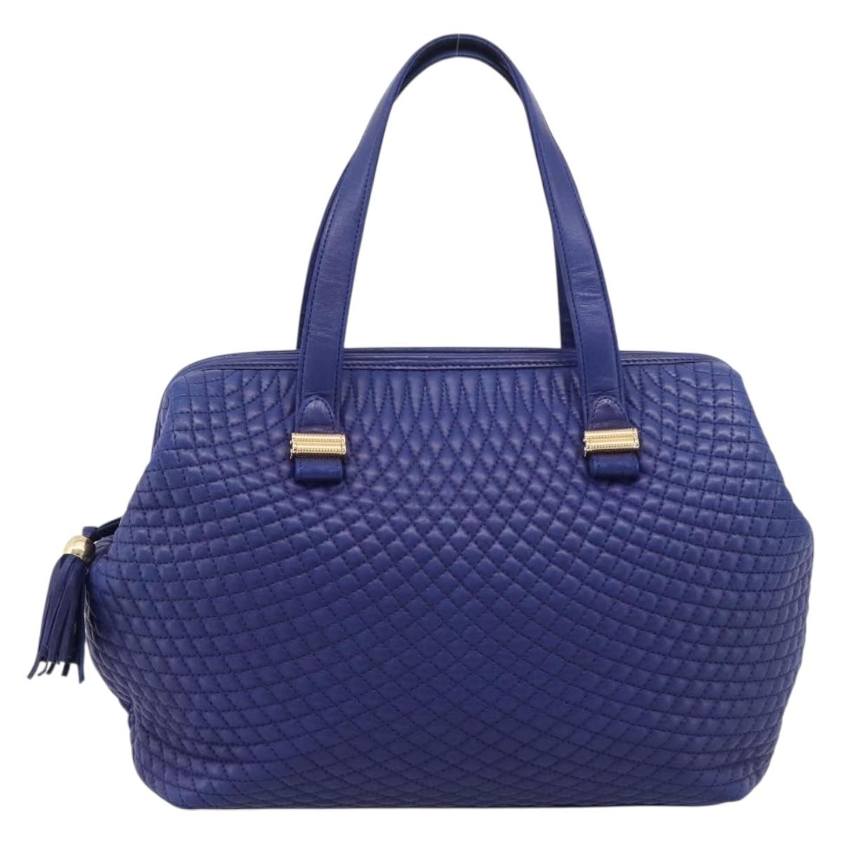 Bally Quilted Hand Bag Leather Blue Gold Tone Auth 209165A