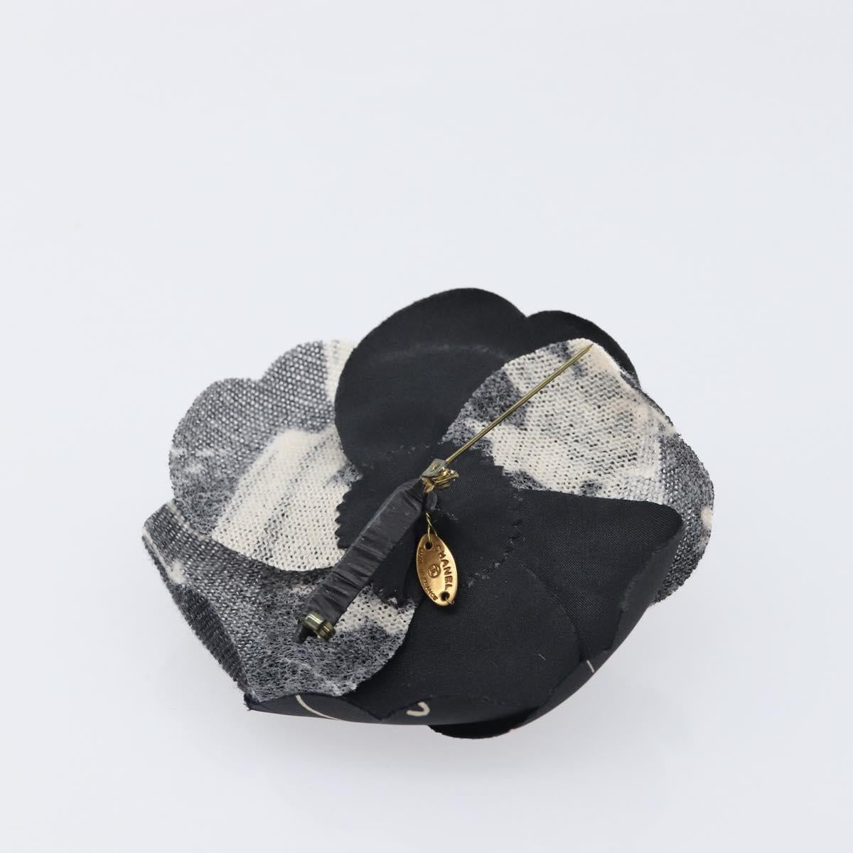 CHANEL Camelia Brooch Polyester Black Gold Tone CC Auth 209168