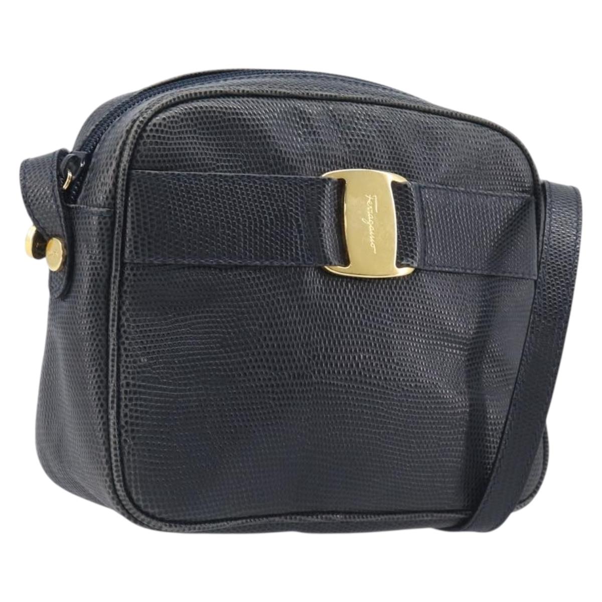Salvatore Ferragamo Shoulder Bag Leather Navy Gold Tone Auth 209178