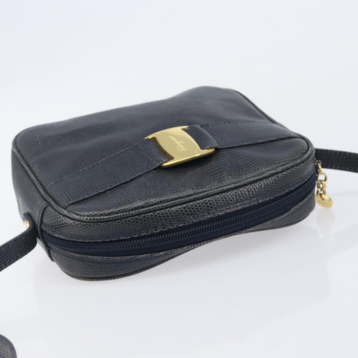 Salvatore Ferragamo Shoulder Bag Leather Navy Gold Tone Auth 209178