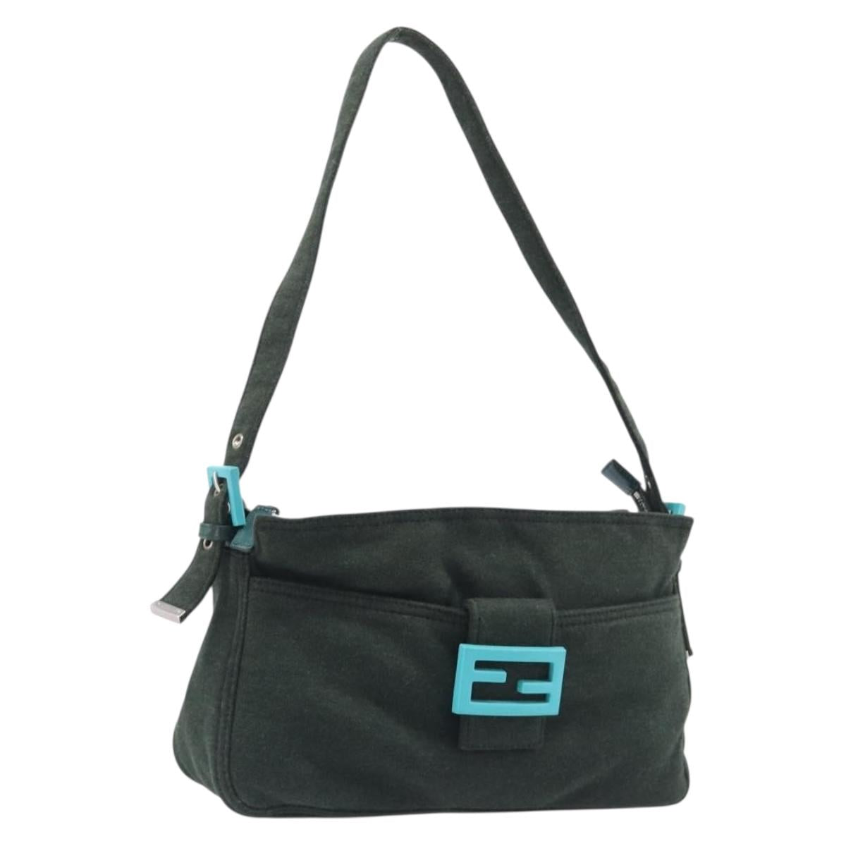 FENDI Mamma Baguette Shoulder Bag Cotton Khaki Silver Auth 209214