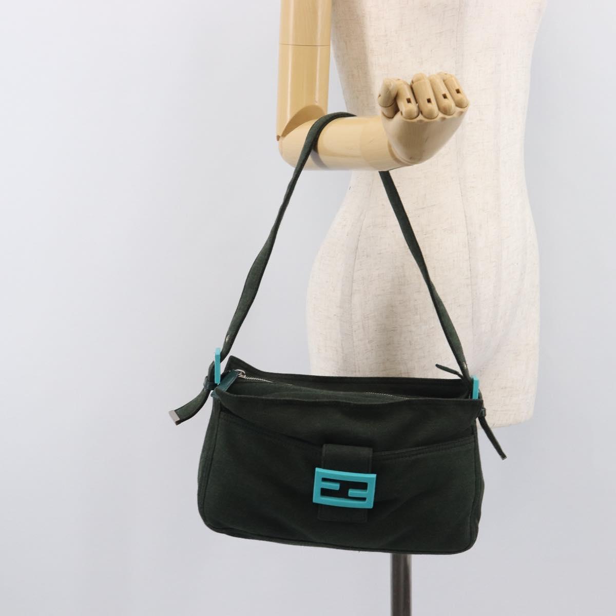 FENDI Mamma Baguette Shoulder Bag Cotton Khaki Silver Auth 209214