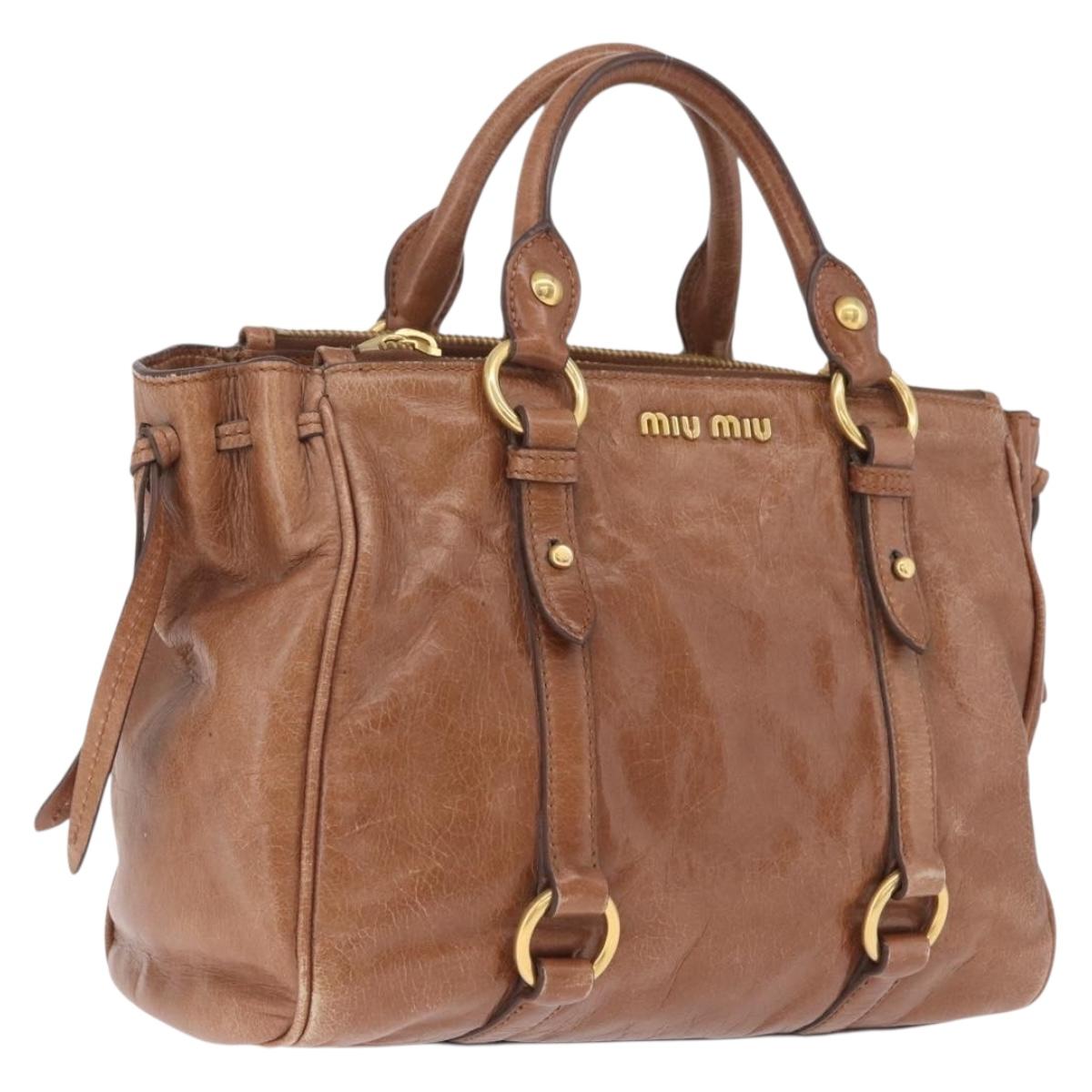 Miu Miu Vitellolux Hand Bag Leather Brown Gold Tone Auth 209220A