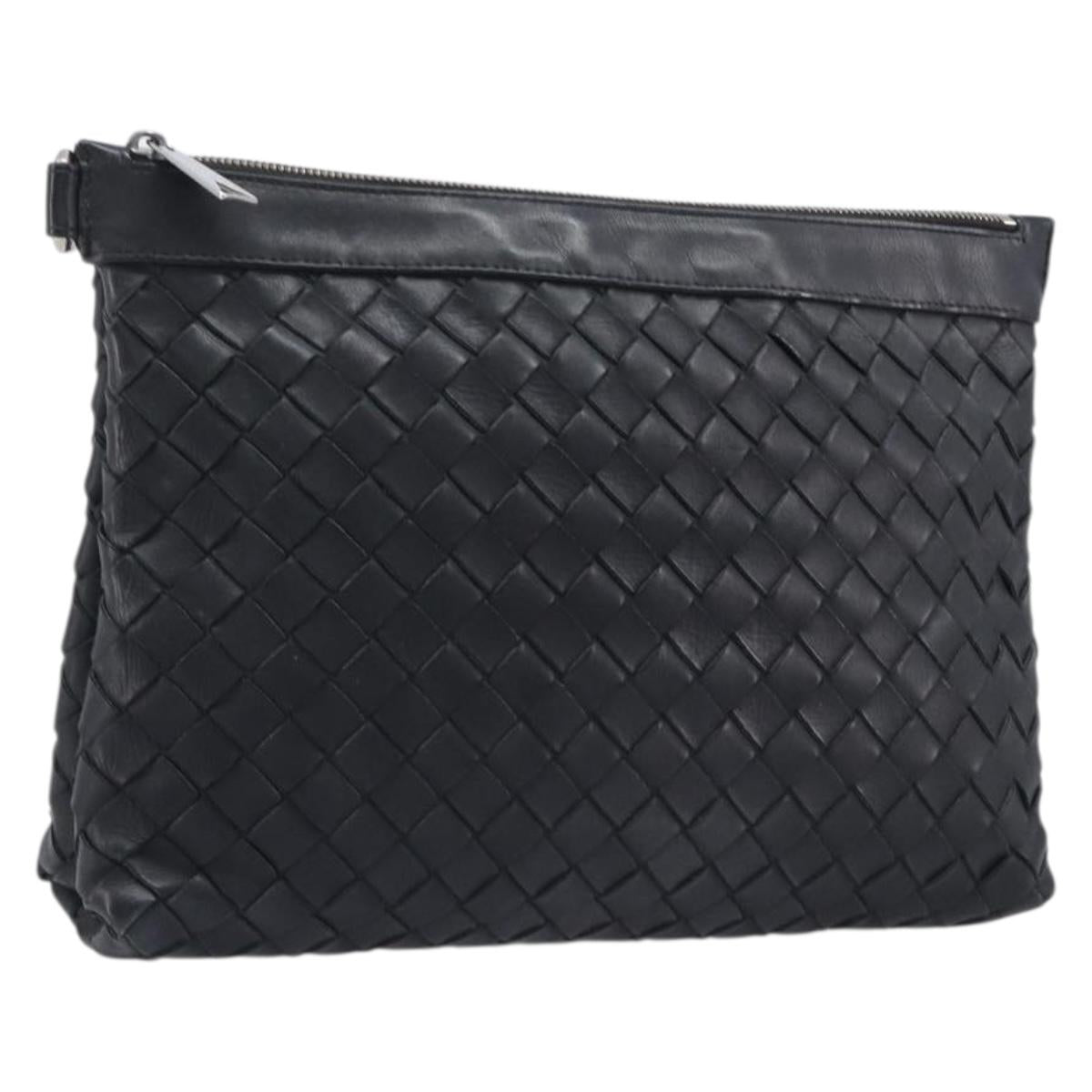 Bottega Veneta INTRECCIATO Clutch Bag Leather Black Silver Auth 209228