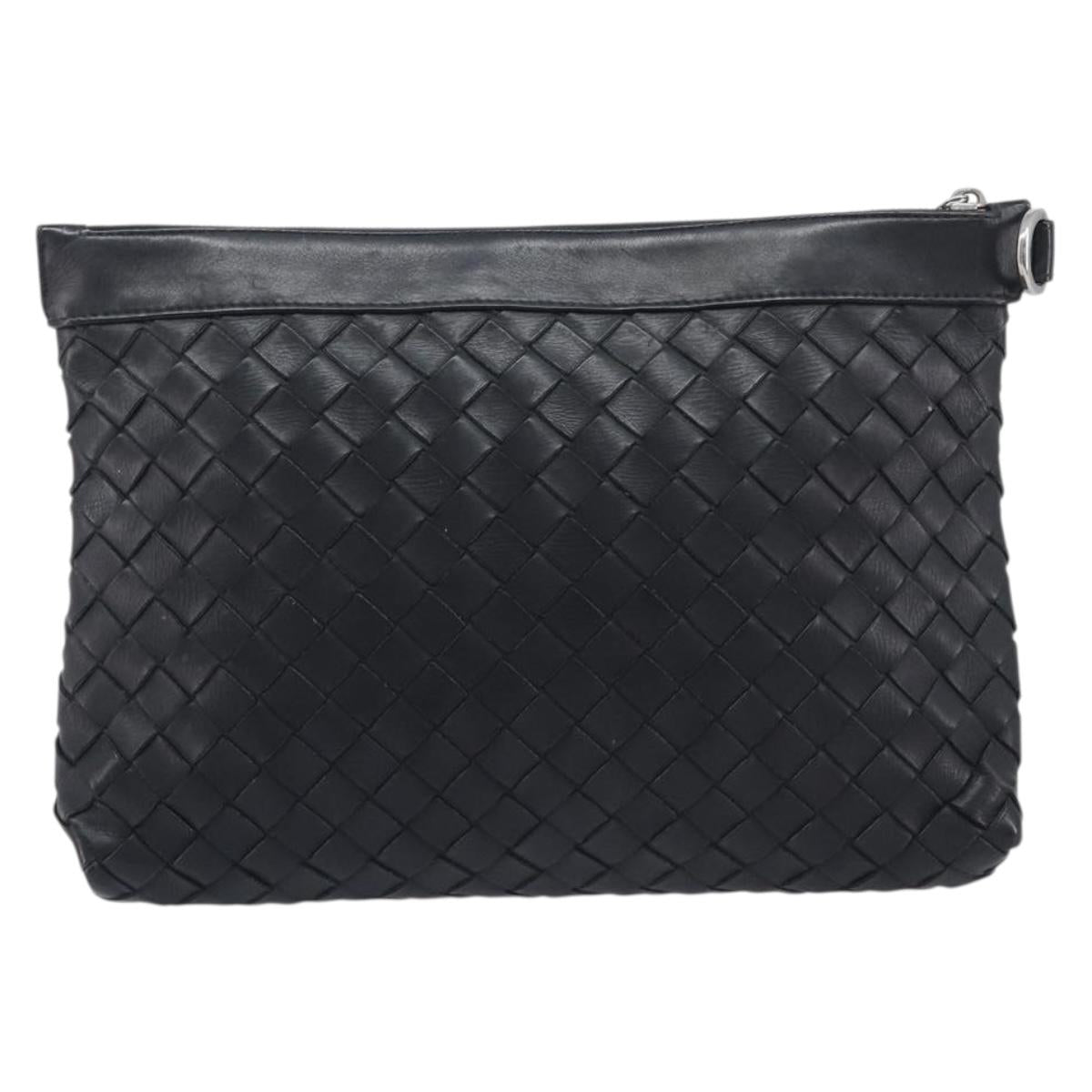 Bottega Veneta INTRECCIATO Clutch Bag Leather Black Silver Auth 209228