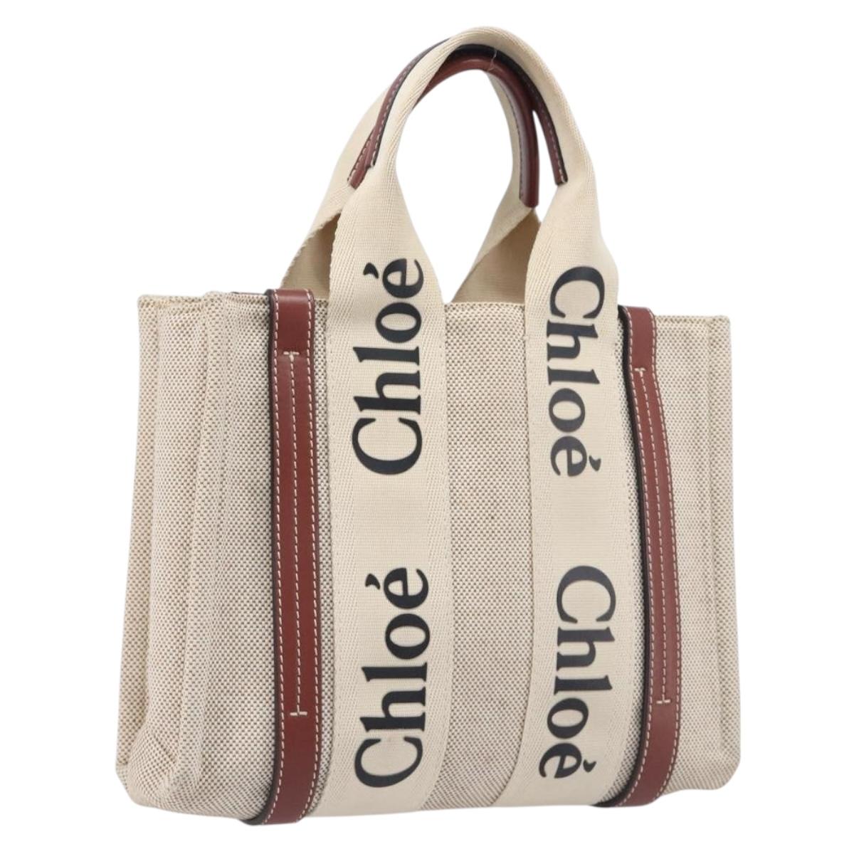 Chloe Woody Small Hand Bag Canvas Beige Brown Auth 209240A