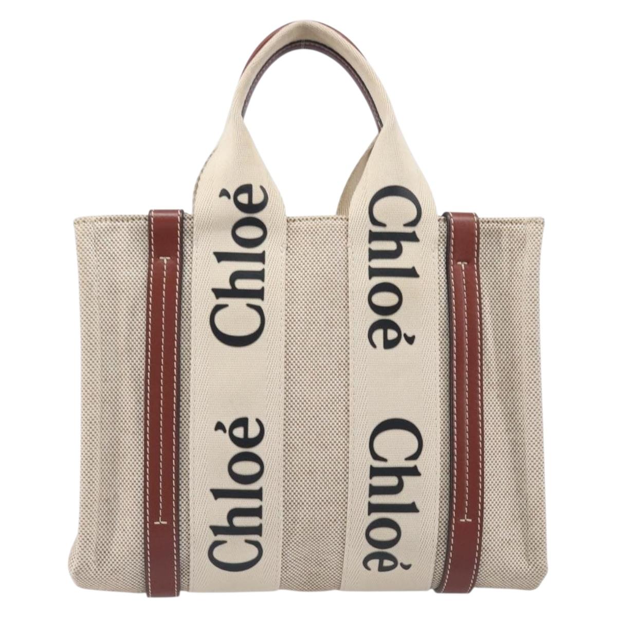 Chloe Woody Small Hand Bag Canvas Beige Brown Auth 209240A
