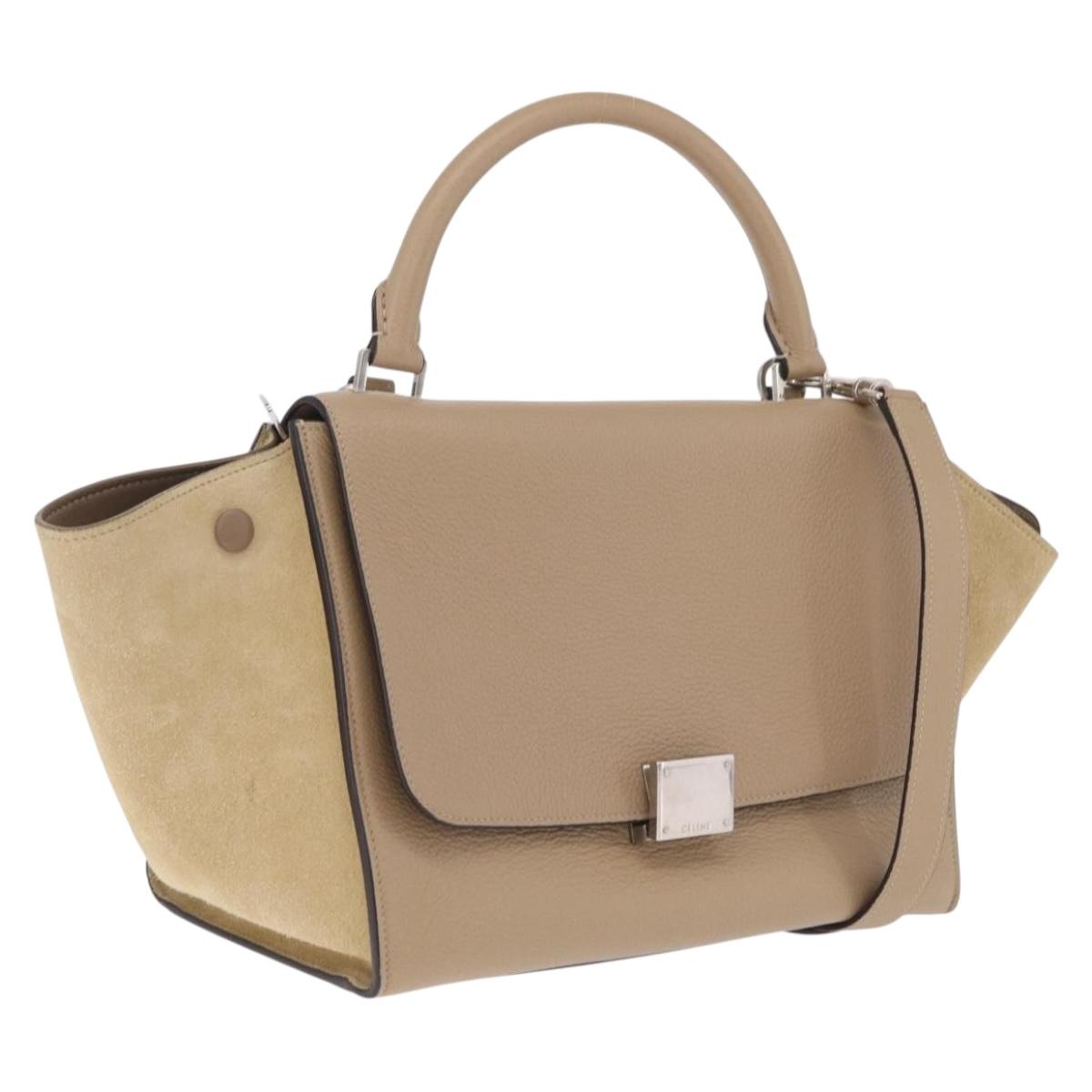 CELINE Trapeze Small Hand Bag Leather Beige Silver Auth 209241A