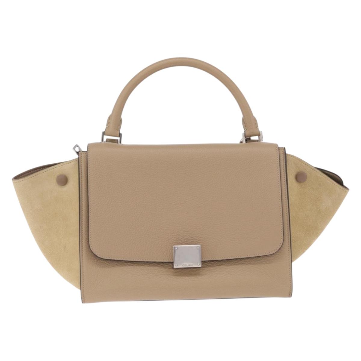 CELINE Trapeze Small Hand Bag Leather Beige Silver Auth 209241A