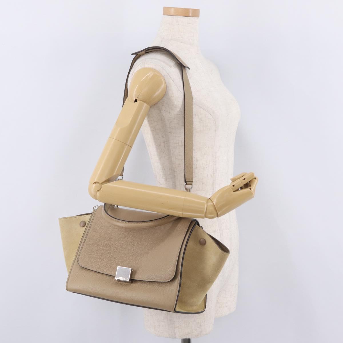 CELINE Trapeze Small Hand Bag Leather Beige Silver Auth 209241A