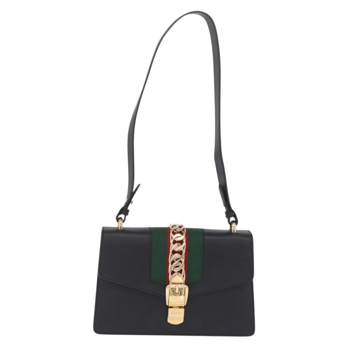 GUCCI Web Sherry Line Silvi Shoulder Bag Leather Black Gold 421882 Auth 209243V