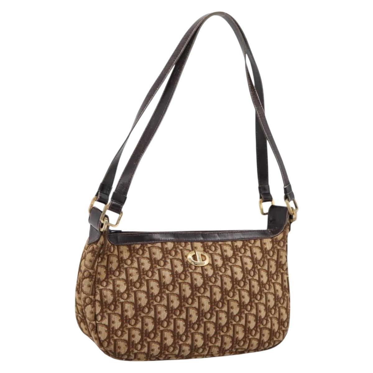 Christian Dior Trotter Canvas Shoulder Bag Brown Gold Auth 209259