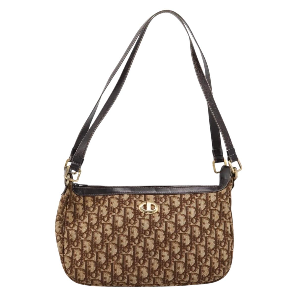 Christian Dior Trotter Canvas Shoulder Bag Brown Gold Auth 209259