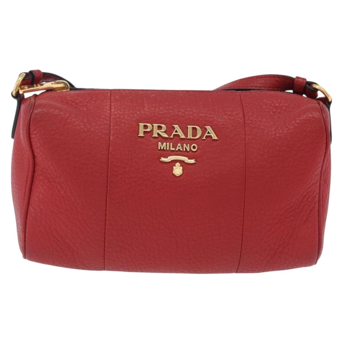 PRADA Shoulder Bag Leather Red Gold Auth 209262A