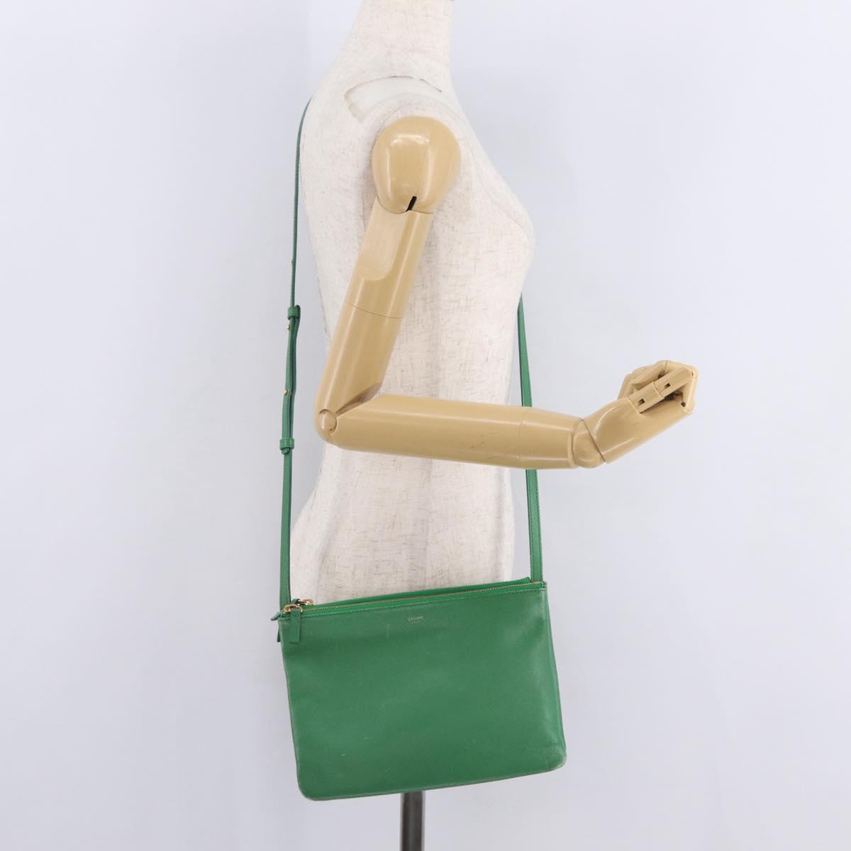 CELINE Trio Shoulder Bag Leather Green Gold Auth 209280