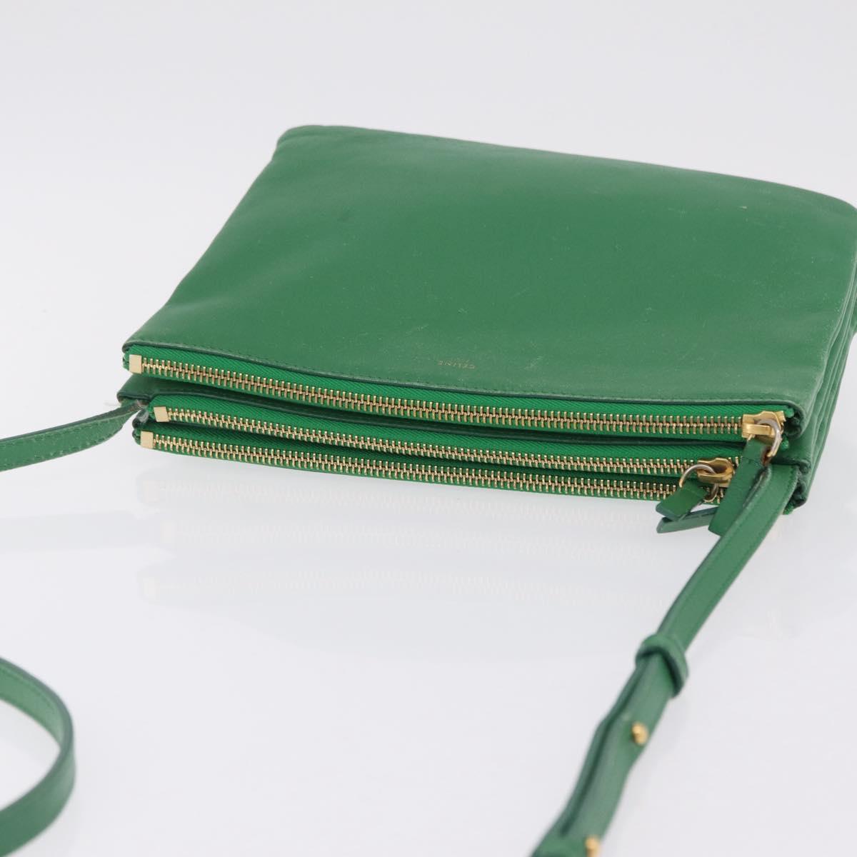 CELINE Trio Shoulder Bag Leather Green Gold Auth 209280