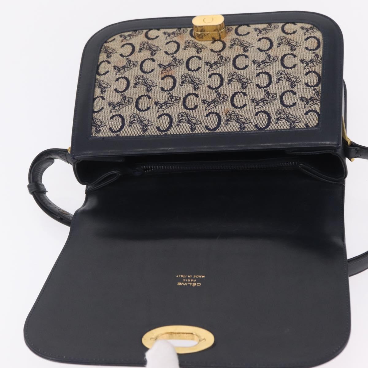 CELINE C Macadam Canvas Shoulder Bag Navy Gold Auth 209321