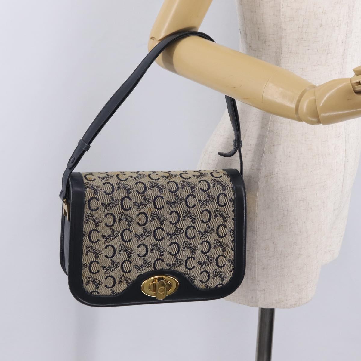 CELINE C Macadam Canvas Shoulder Bag Navy Gold Auth 209321
