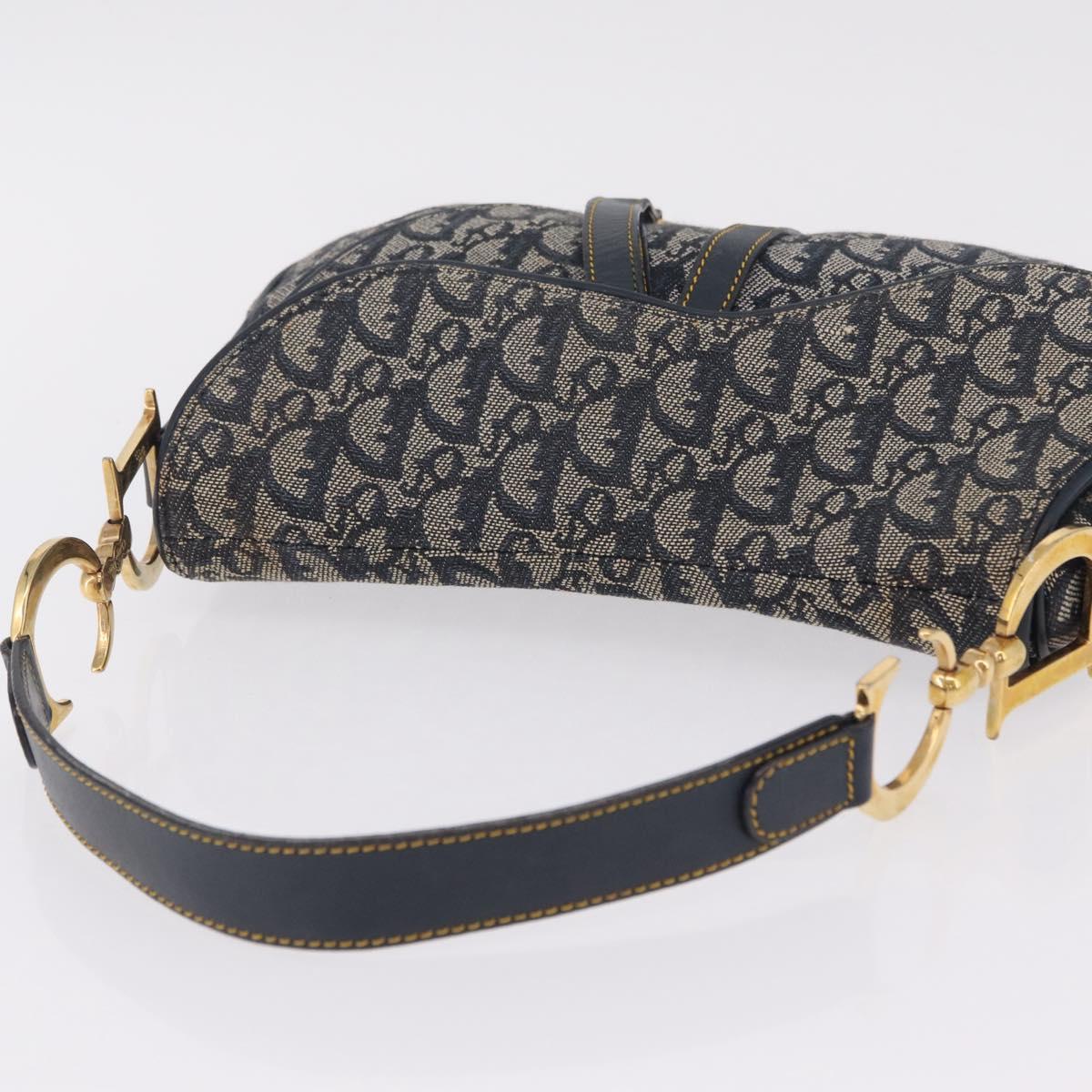 Christian Dior Trotter Canvas Double Saddle Shoulder Bag Navy Gold Auth 209322M
