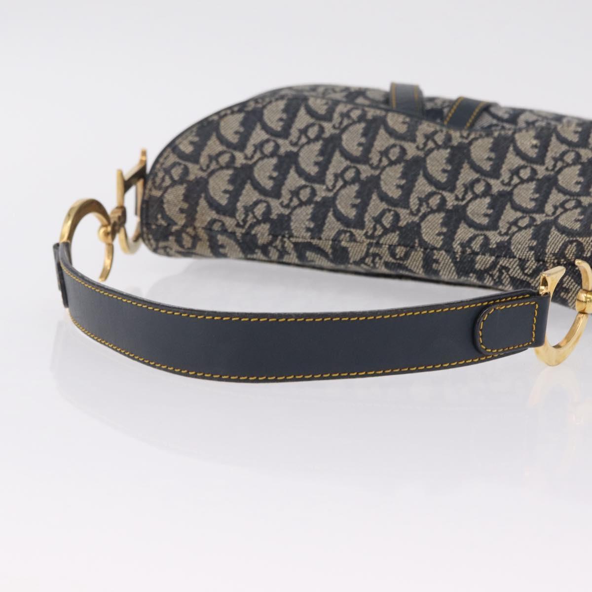 Christian Dior Trotter Canvas Double Saddle Shoulder Bag Navy Gold Auth 209322M