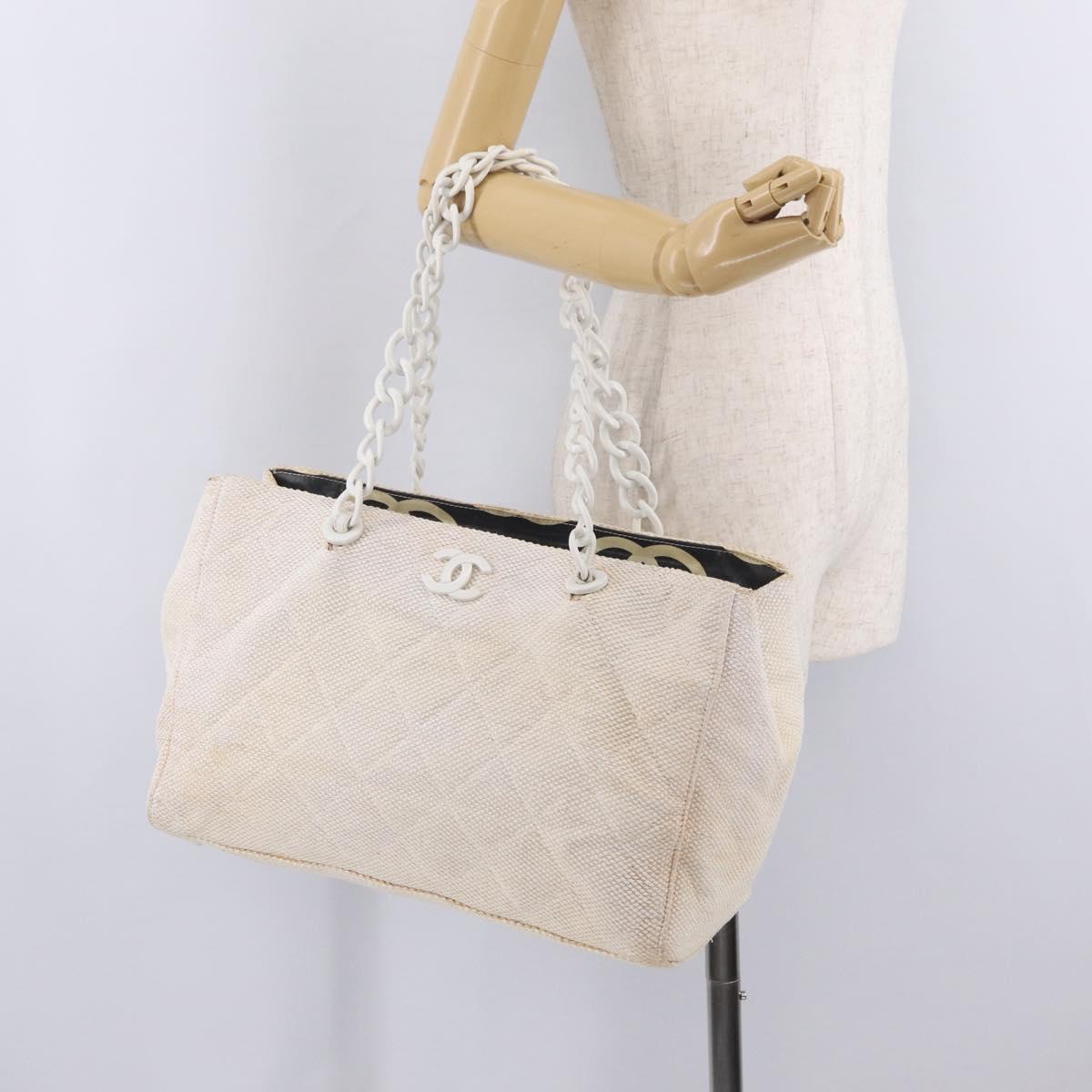 CHANEL Chain Tote Bag Canvas White Gold CC Auth 209331