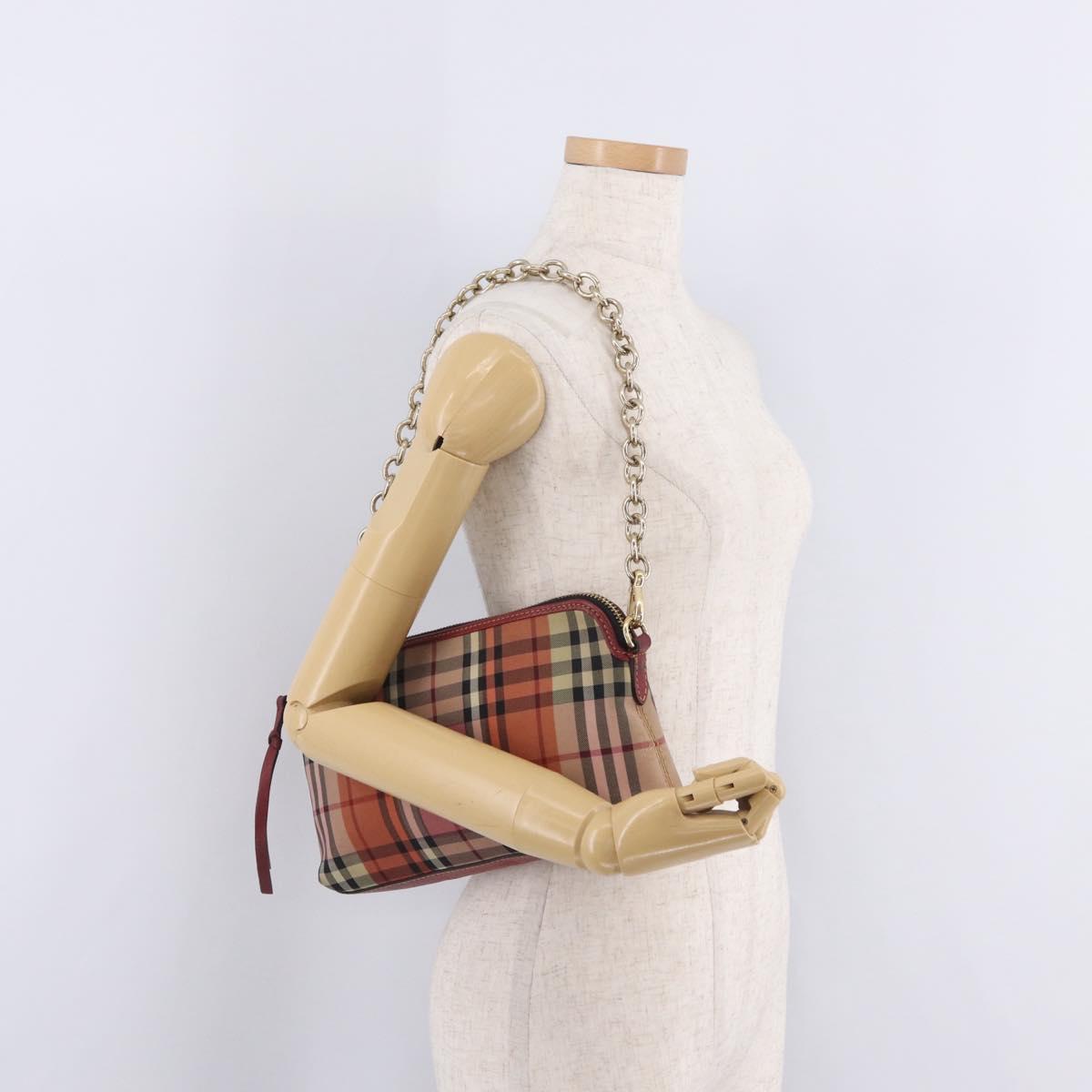 BURBERRY Nova Check Chain Shoulder Bag Canvas Red Gold Auth 209340A