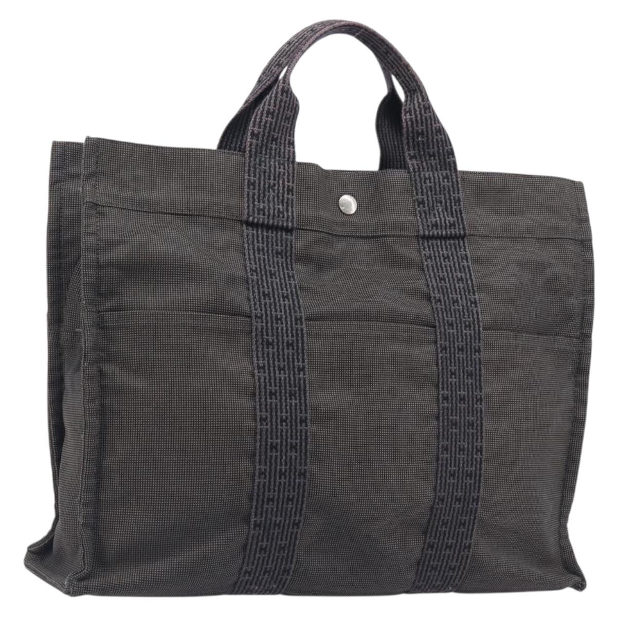 HERMES Her Line MM Hand Bag Canvas Gray Silver Auth 209346A