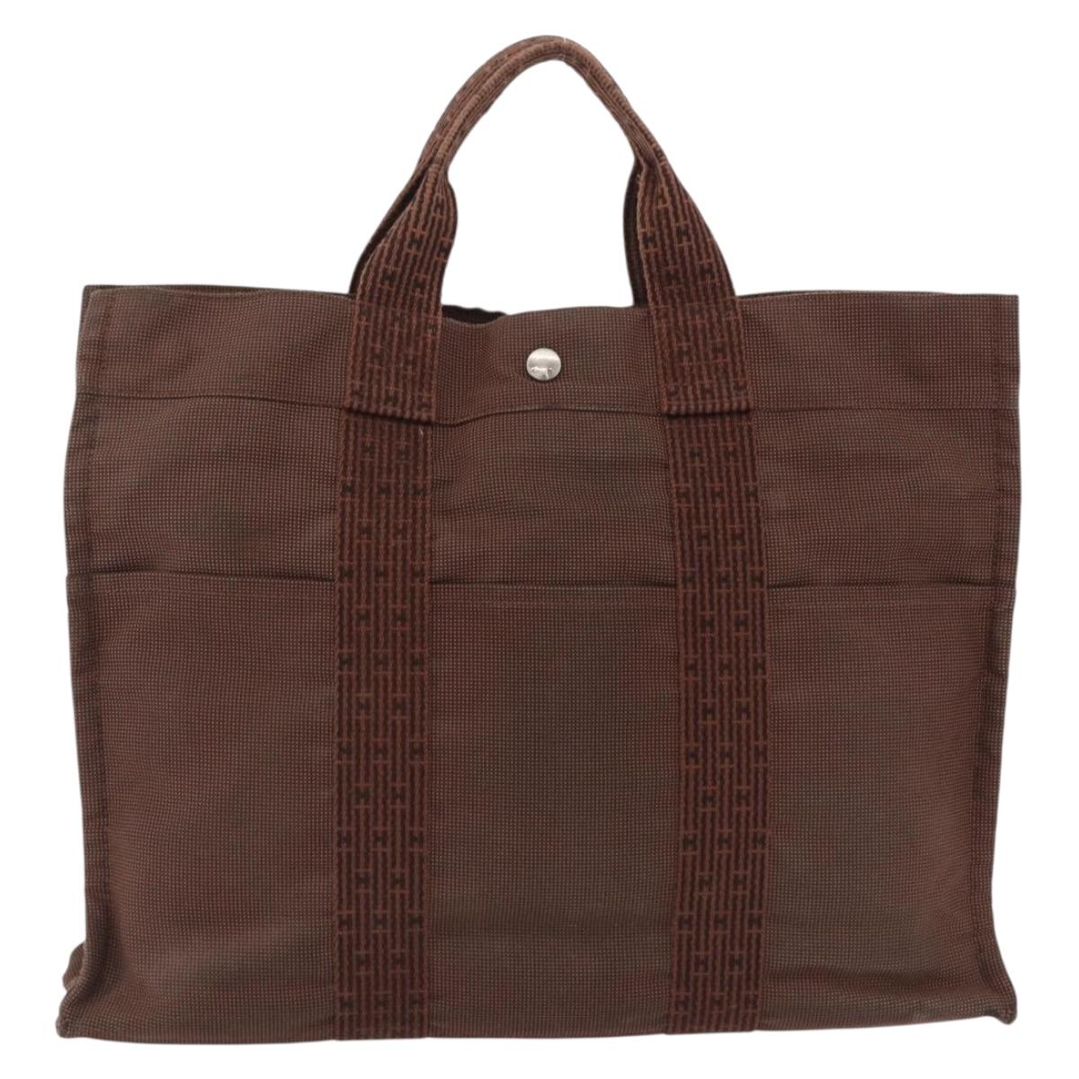HERMES Her Line MM Hand Bag Canvas Brown Silver Auth 209350