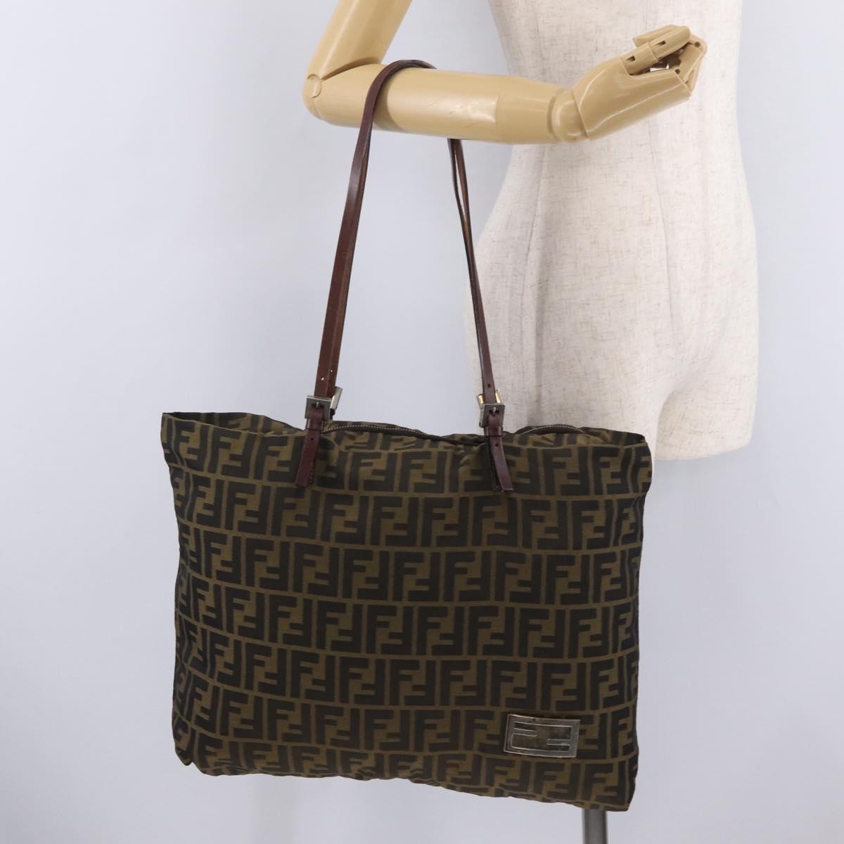 FENDI Zucca Canvas Tote Bag Brown Silver Auth 209368