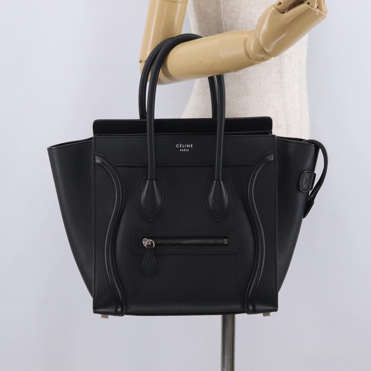 CELINE Luggage Micro Shopper Hand Bag Leather Black Gold Auth 209423M