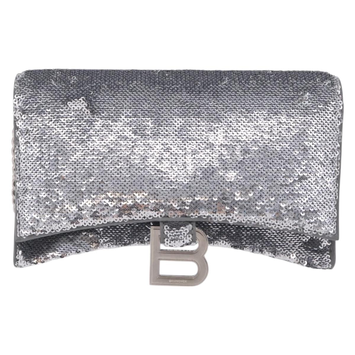 Balenciaga Hourglass Chain Bag Leather Sequins Silver 720349 Auth 209427M