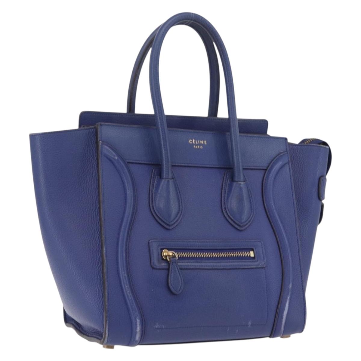 CELINE Luggage Micro Shopper Hand Bag Leather Blue Gold Auth 209428