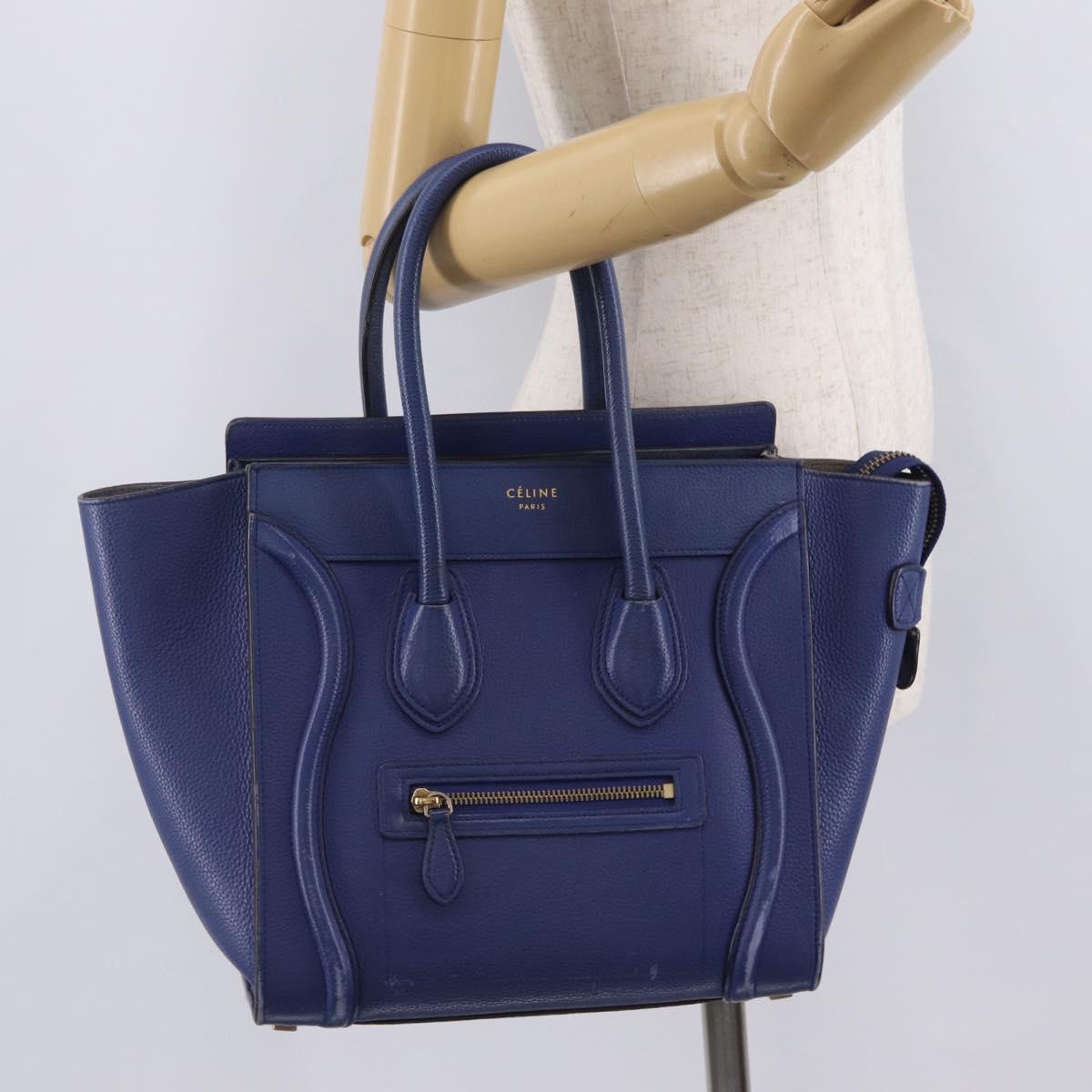 CELINE Luggage Micro Shopper Hand Bag Leather Blue Gold Auth 209428