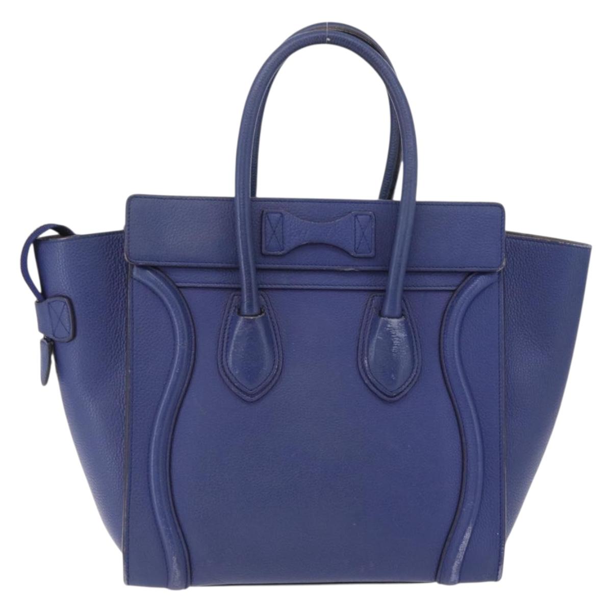 CELINE Luggage Micro Shopper Hand Bag Leather Blue Gold Auth 209428