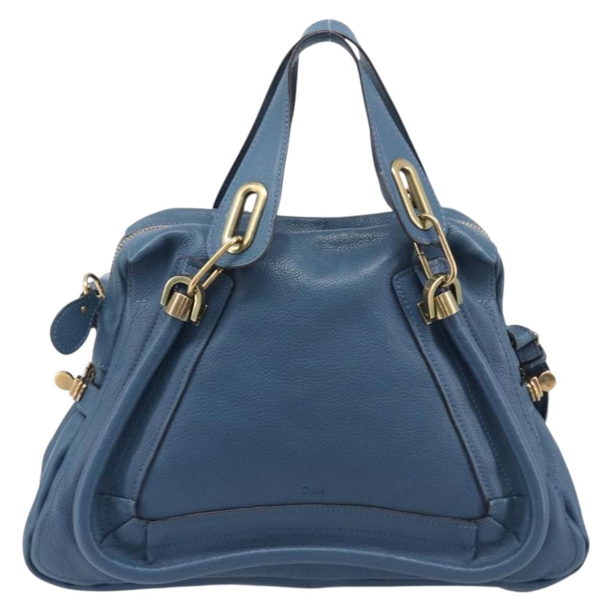 Chloe Paraty Hand Bag Leather 2way Blue Gold Auth 209438V