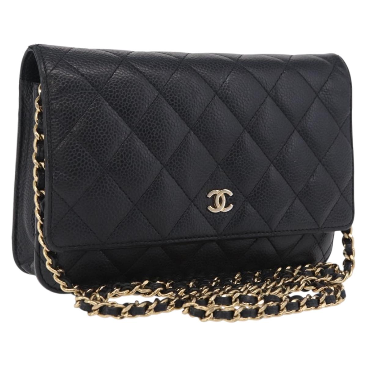 CHANEL Matelasse Chain Shoulder Wallet Caviar Skin Black Gold CC Auth 209451M