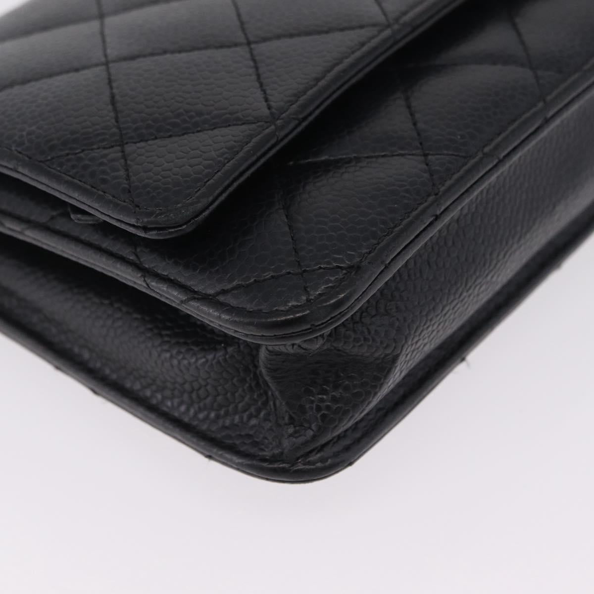 CHANEL Matelasse Chain Shoulder Wallet Caviar Skin Black Gold CC Auth 209451M