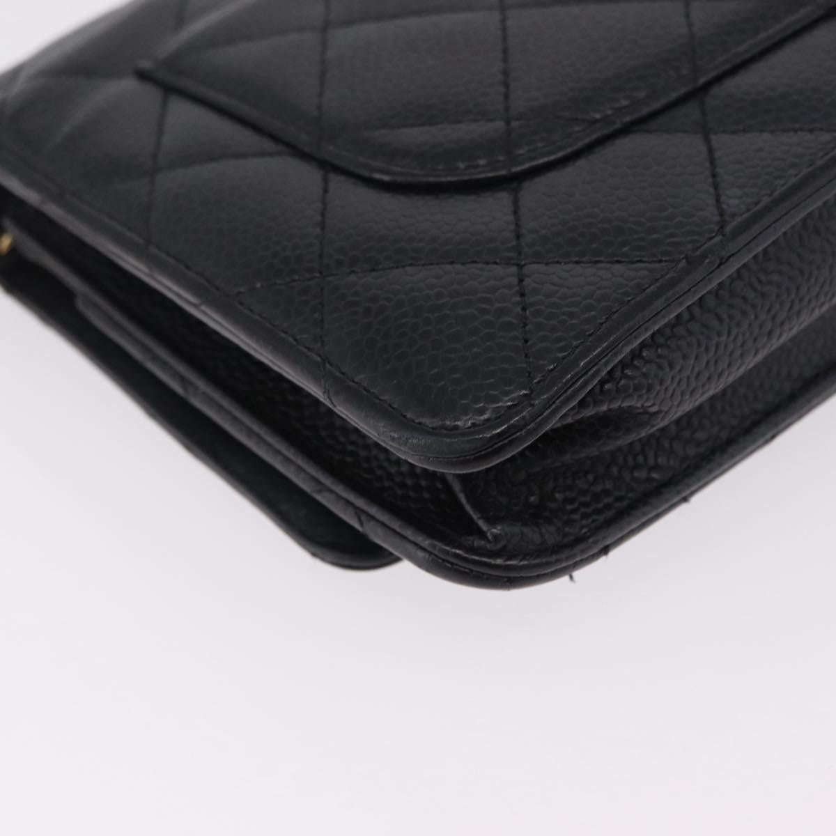 CHANEL Matelasse Chain Shoulder Wallet Caviar Skin Black Gold CC Auth 209451M