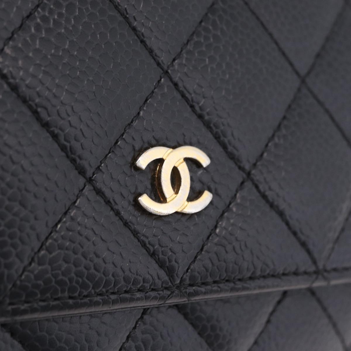 CHANEL Matelasse Chain Shoulder Wallet Caviar Skin Black Gold CC Auth 209451M