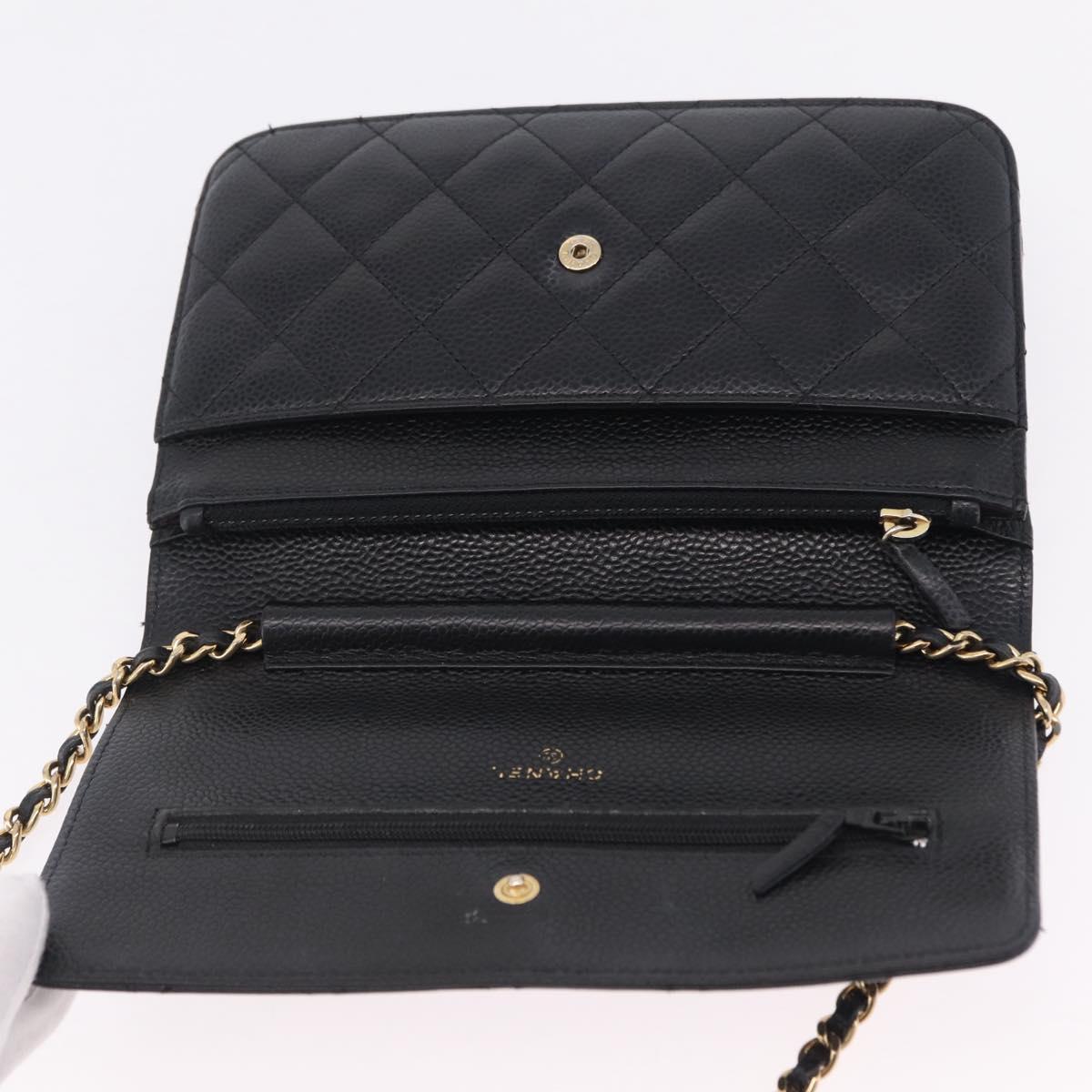 CHANEL Matelasse Chain Shoulder Wallet Caviar Skin Black Gold CC Auth 209451M