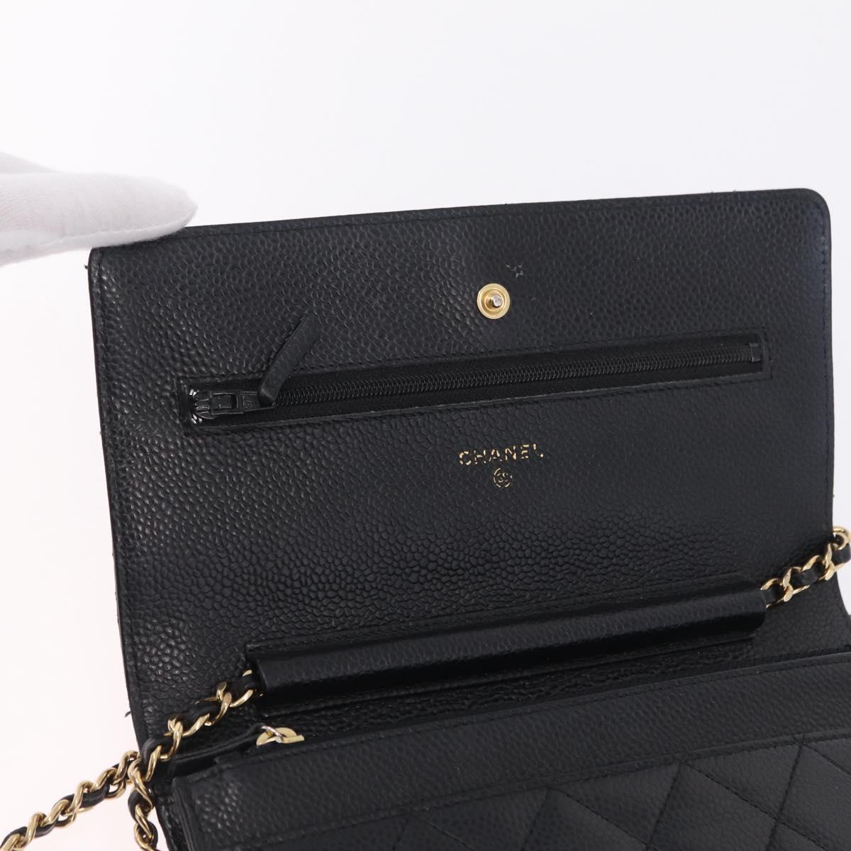 CHANEL Matelasse Chain Shoulder Wallet Caviar Skin Black Gold CC Auth 209451M