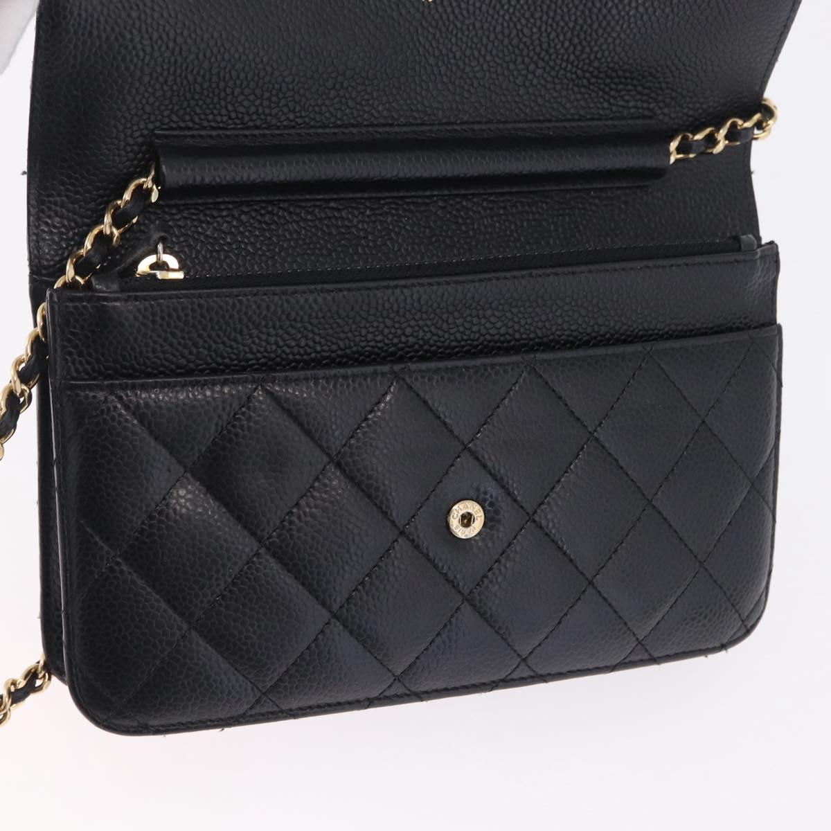 CHANEL Matelasse Chain Shoulder Wallet Caviar Skin Black Gold CC Auth 209451M