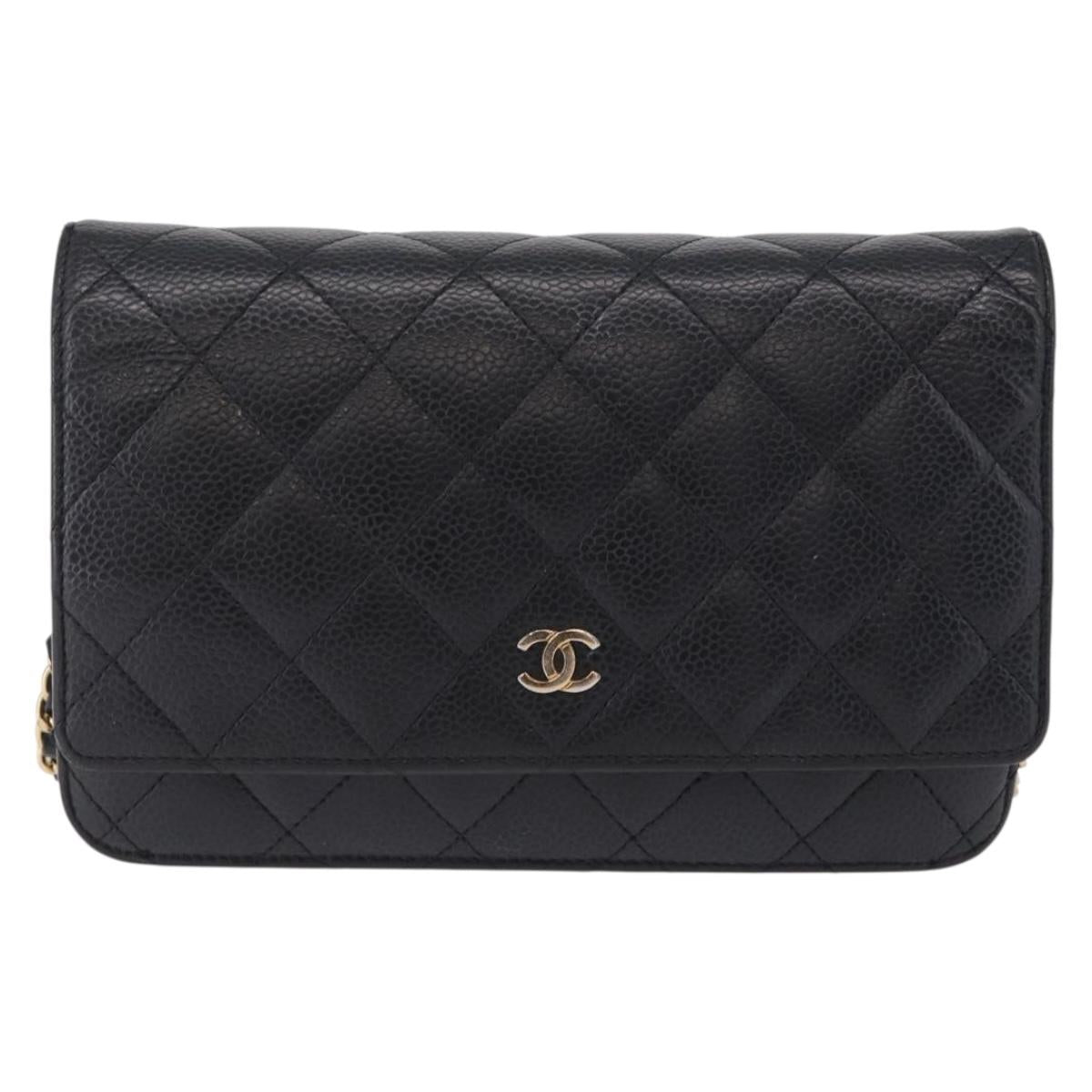 CHANEL Matelasse Chain Shoulder Wallet Caviar Skin Black Gold CC Auth 209451M