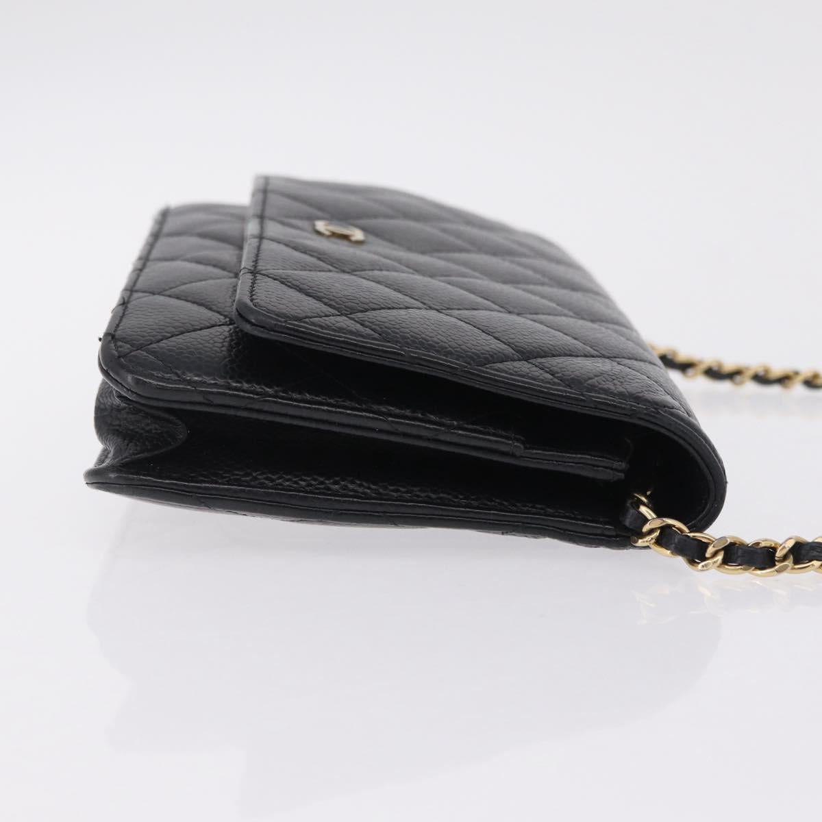 CHANEL Matelasse Chain Shoulder Wallet Caviar Skin Black Gold CC Auth 209451M