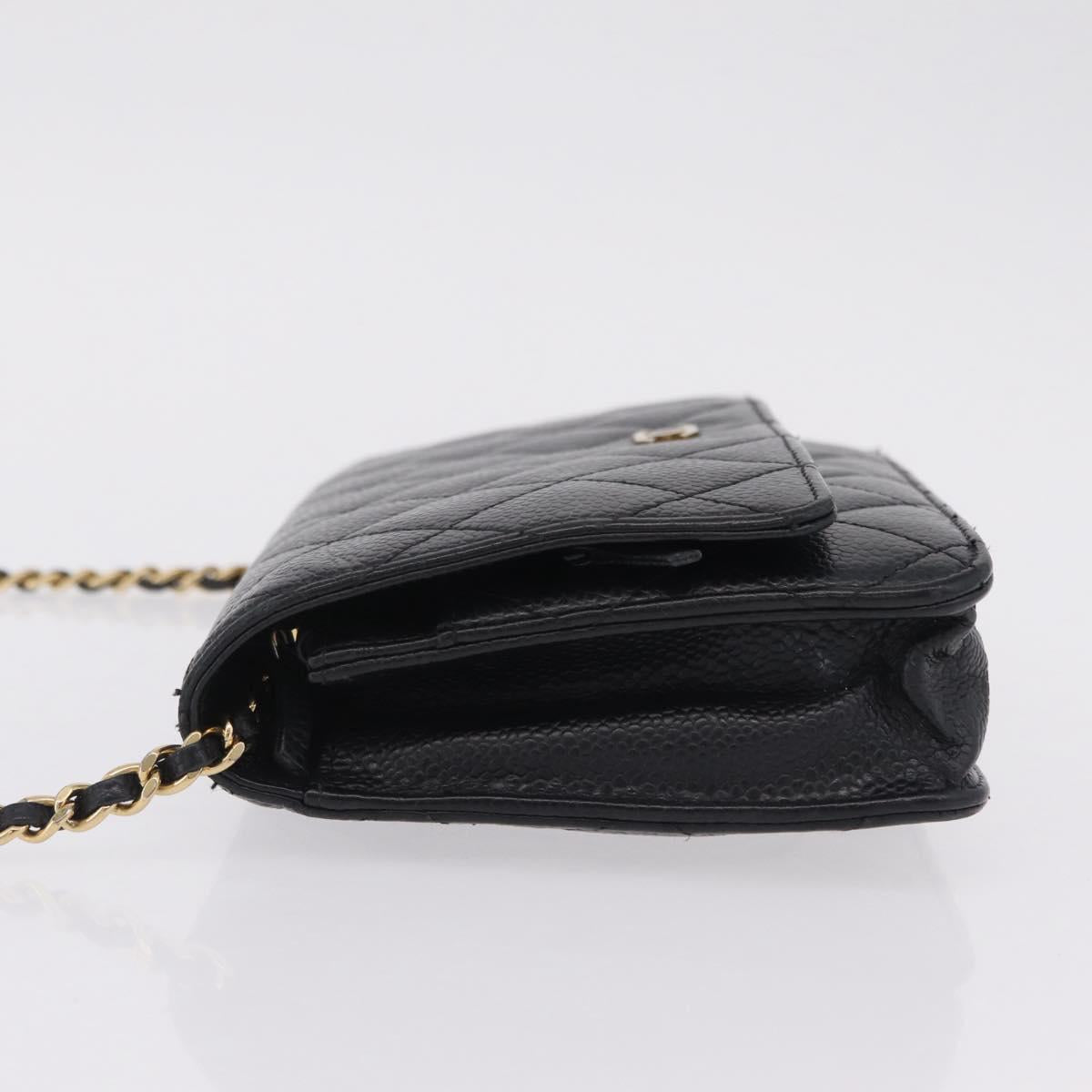 CHANEL Matelasse Chain Shoulder Wallet Caviar Skin Black Gold CC Auth 209451M