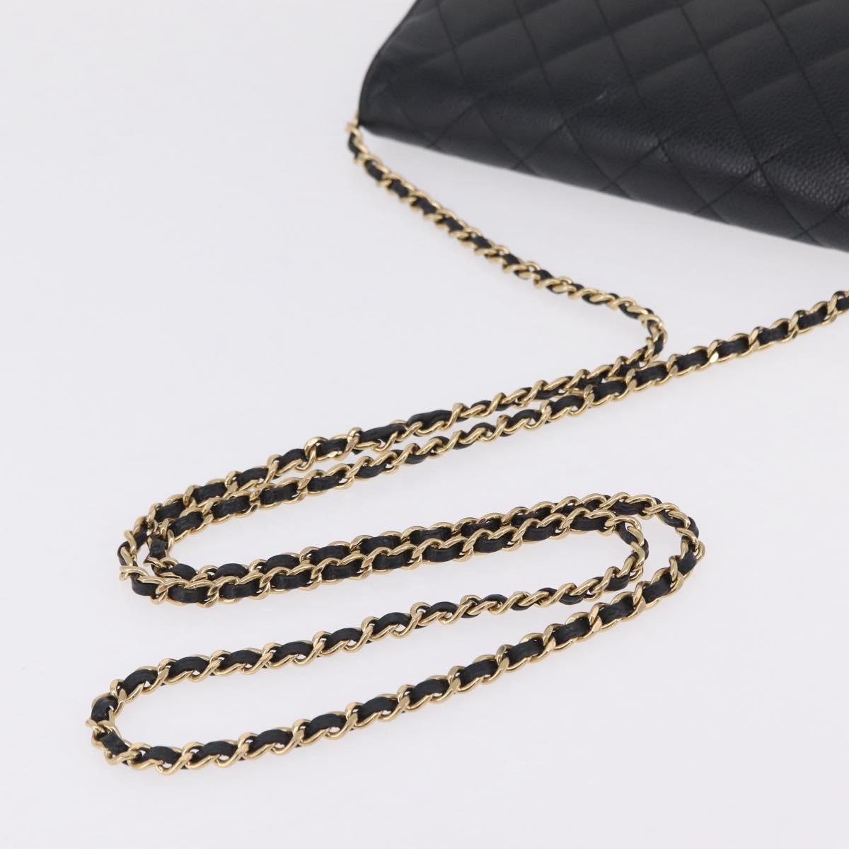 CHANEL Matelasse Chain Shoulder Wallet Caviar Skin Black Gold CC Auth 209451M