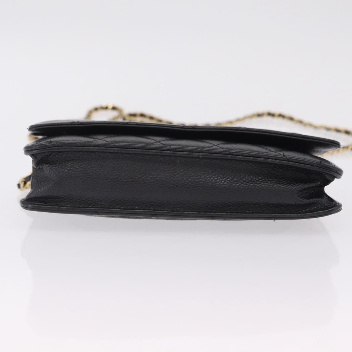 CHANEL Matelasse Chain Shoulder Wallet Caviar Skin Black Gold CC Auth 209451M