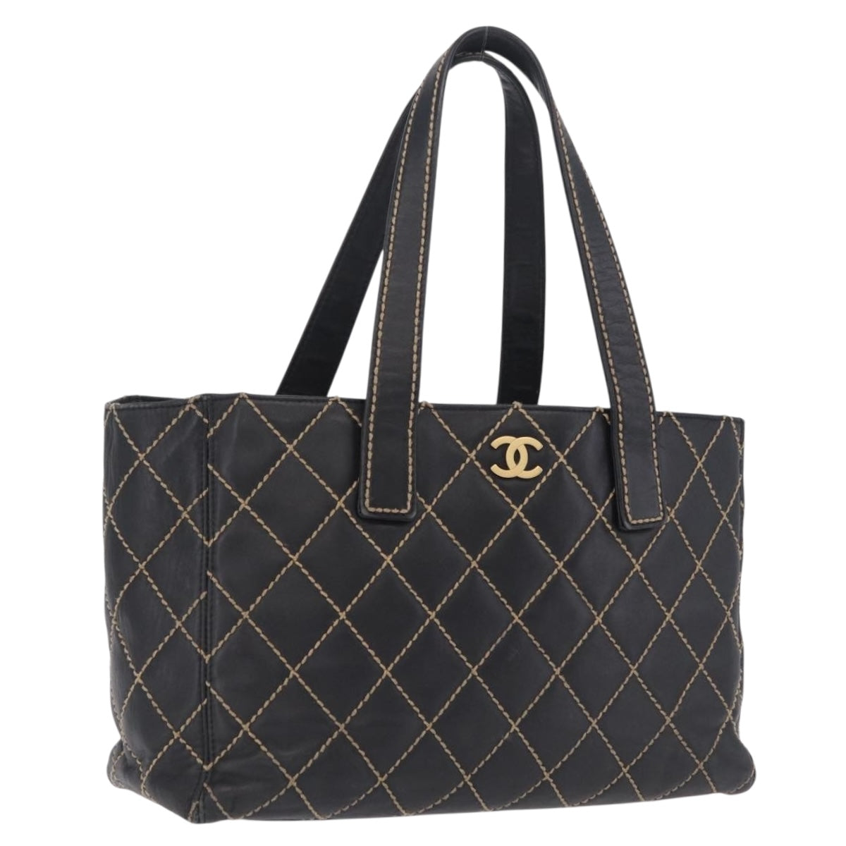 CHANEL Matelasse Wild Stitch Tote Bag Leather Black Gold CC Auth 209454A