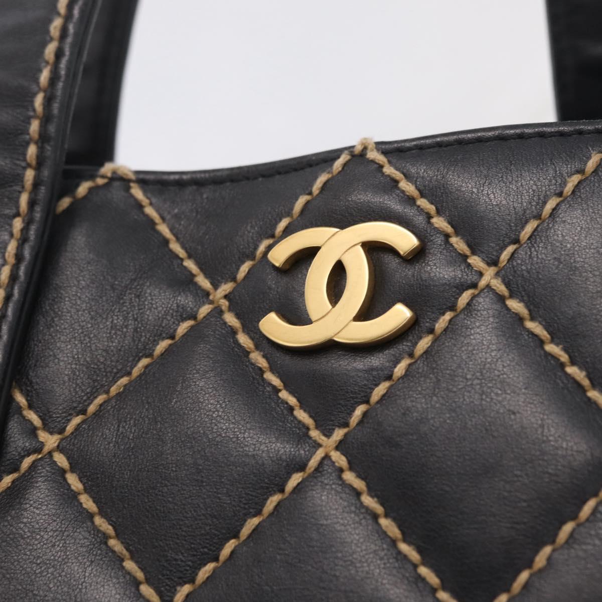 CHANEL Matelasse Wild Stitch Tote Bag Leather Black Gold CC Auth 209454A