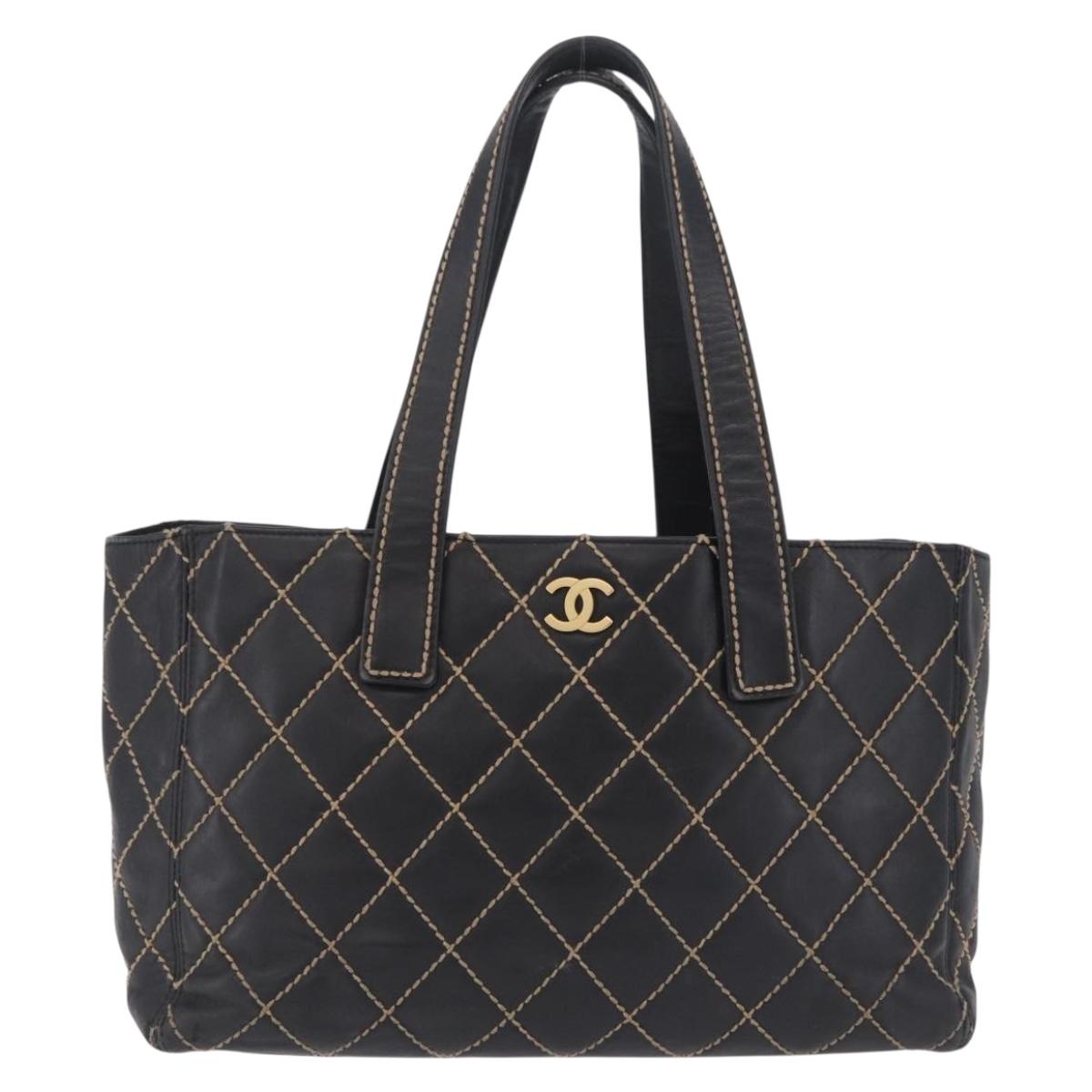 CHANEL Matelasse Wild Stitch Tote Bag Leather Black Gold CC Auth 209454A